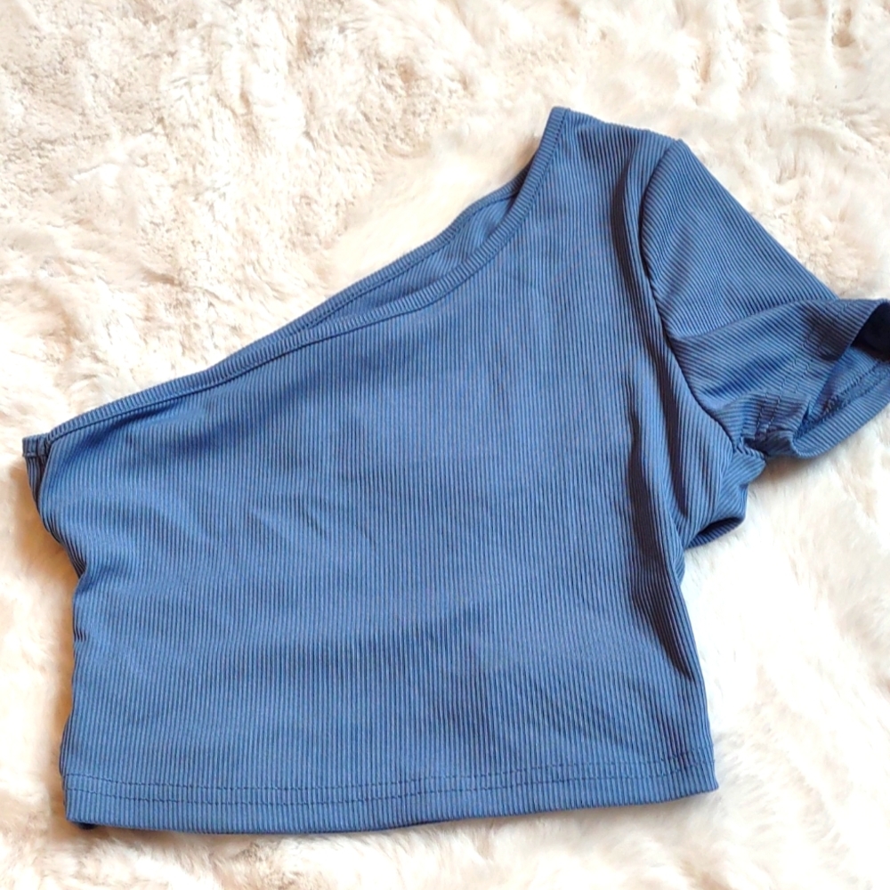 Blue crop top with cut outs on back